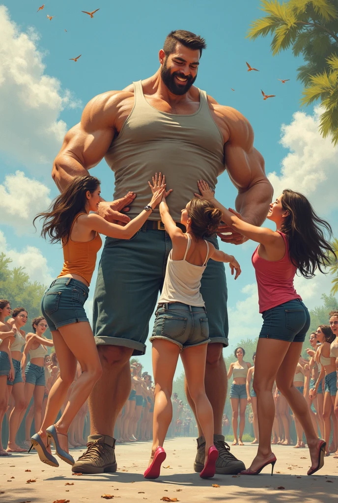 A big muscular man riding a longboard and hot women's around him looking at him differently 