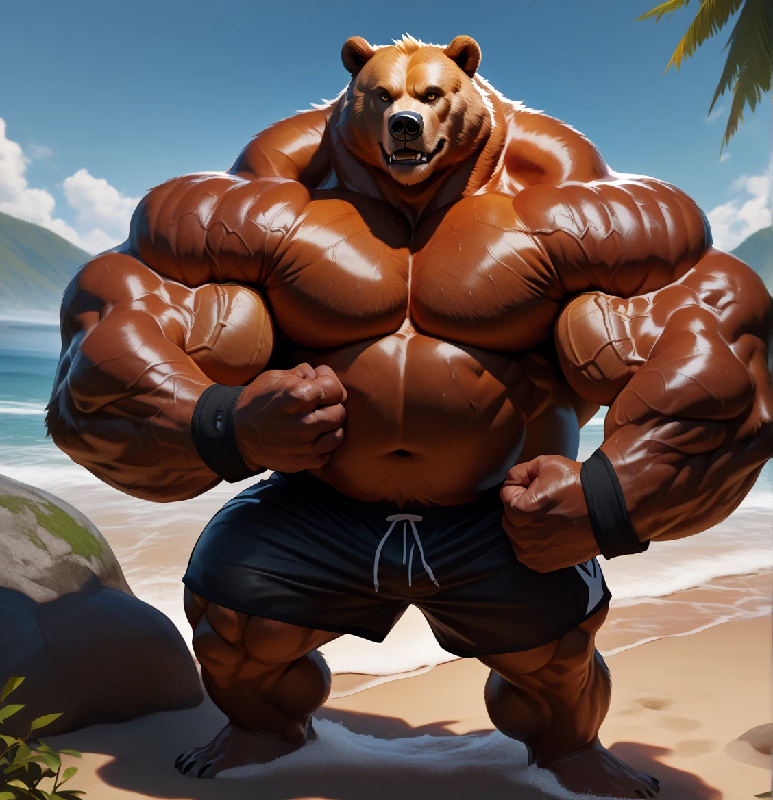 realistic, hyper realistic, detailed muscle,(furry brown bear), good anatomy, masterpiece, art winner, beach, extremely huge muscular, massive muscular, full-body, well-muscled old man. ((extremely muscle size, super thick arms, huge pec, extremely wide pectoral, brown fur, huge arms)). and add details to make it attractive and interesting. Add textures and details to make the image more realistic, Make sure the resulting image is high resolution, 8K quality."