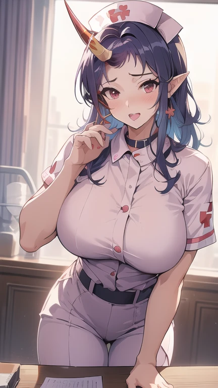 Nurse room background, short, short purple hair, fluffy hair, student, white and blue nurse uniform, big breasts, unbuttoned blouse, cleavage, syringe, tongue out, seductive, half-lidded eyes, nurse cap