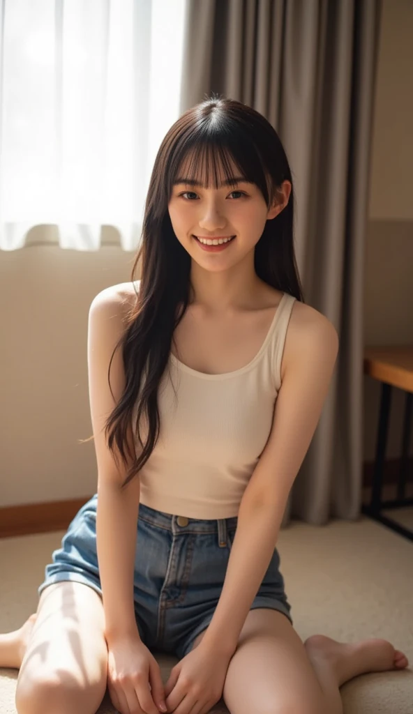 (masterpiece, Highest quality, 8K, High resolution),(Realistic skin texture, Perfect Face, Realistic, Perfect hands, Perfect finger count, Japanese, Girl), (12 years old), (2 people), Big Eyes, Brown eyes, Light brown hair, bangs, Long Hair, Hair Ribbon, Small face, Smile, ((camisole, Low rise sports shorts)), 2 peopleが並んで立っている, Cute pose, School classroom, Window, Sunset