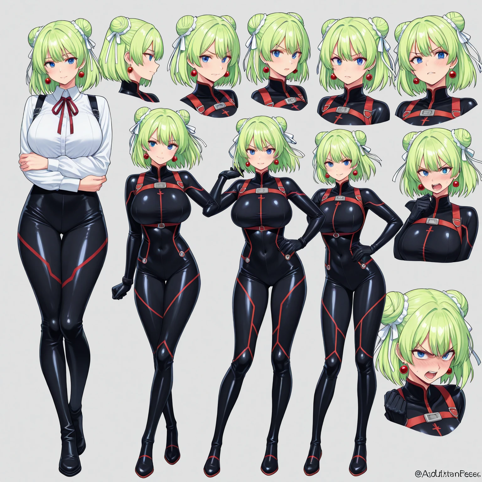 A closeup of a woman and some other poses, front side and back poses, cutesexyrobutts, woman with short hair, bright eyes, muscular!, fit body, gynoid body, sweaty body, perfect body, fit body, abdomen, large breasts, chubby butt, prancing ass, prancing butt, full body concept art, detailed full body concept art, Yusuke Murata style, Ilya Kuvshinov, Oppai proportions, official character art, uniform, full body concept, (best quality, masterpiece) a cute chibi girl,