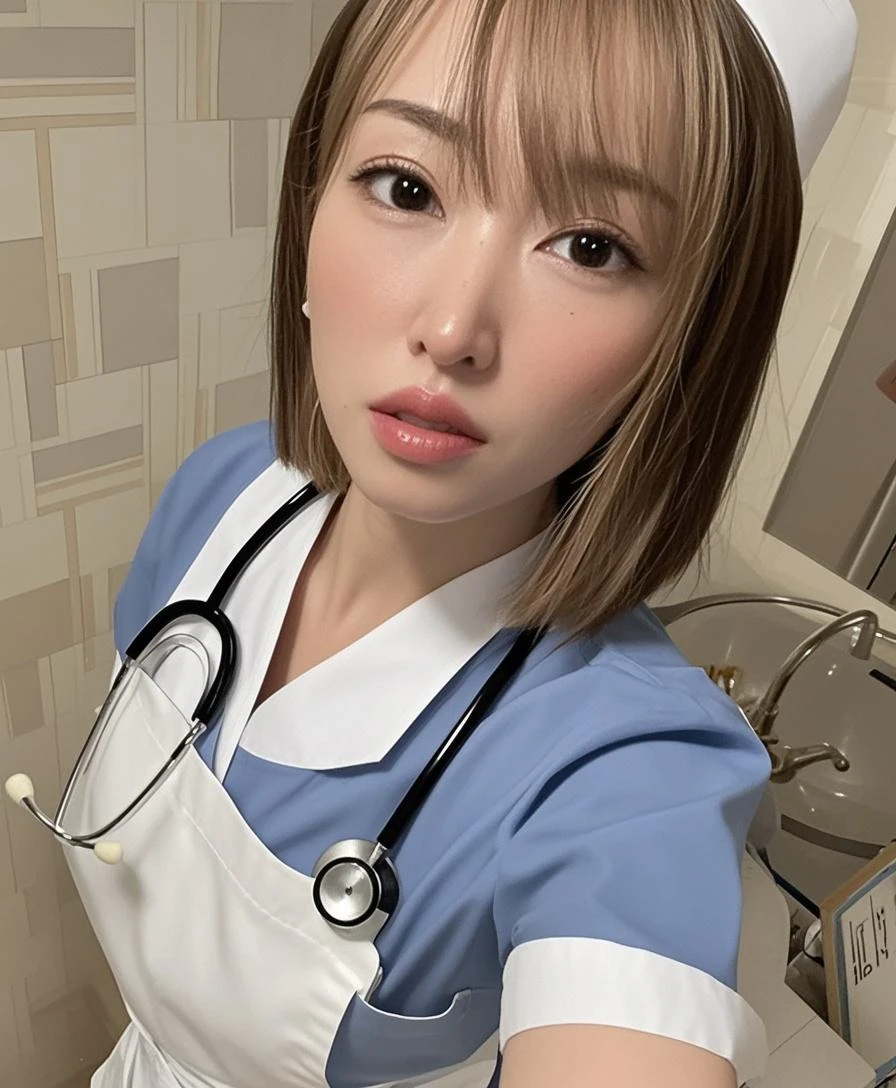 ((Nurse Costume:1.4))、Hospital room、Bedside、Peek into、smile、1 girl、Bob Hair、Brown Hair、Medium breast、
