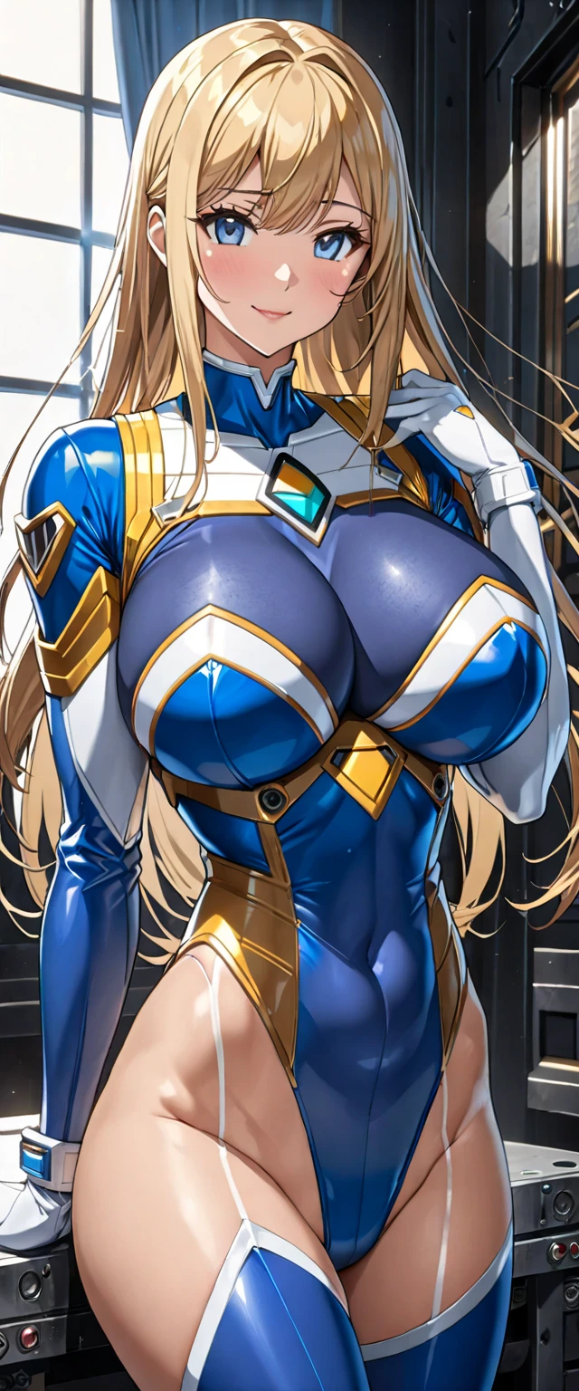 ((masterpiece)), ((Ultra quality)), ((super detailed)), ((high resolution)), ((8k)), a beautiful woman, ((She is one of the most famous actress in the world.)), unparalleled beauty, ((large breast:1.5)), ((large ass)), ((deep cleavage)), slim waist, chest out, ultra detailed face, perfect skin, (((waist length hair, ((long straight golden hair)), crossed bangs))), ((blue eyes)), detailed eyes, whole body image, sexy, an inviting smile, sensual, (((anime))), ((glamorous)), sexual attraction ,((Age 25)), ((incredibly beautiful woman)), ((The H cup bust)), ((Gravure pose)), ((neat and clean.)), (((Power Ranger with only beautiful woman))), ((Talented woman)), (((high leg cut leotard, white line on blue colored leotard Power suit, Side Skirt Armor))), ((beautiful breasts)), beautiful legs, 8 life size, anime:1.4, the most beautiful and strongest, ((Sexual attraction)), ((British beauty)), ((An elegant smile)), battlefield,