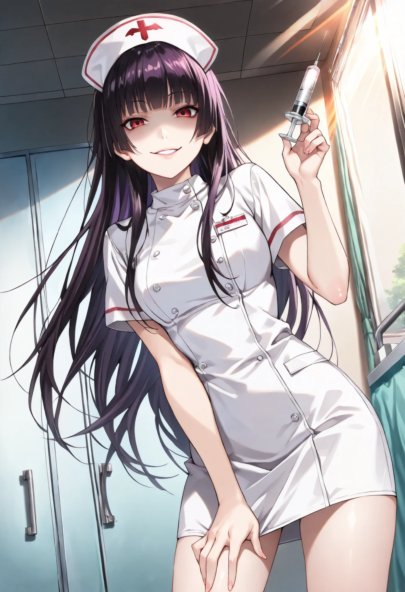 (masterpiece, best quality, perfect face:1.4), wide angle, kanoe yuuko\(dusk maiden of amnesia\), long hair, purple hair, hime cut, blunt bangs, red eyes, proportional body, proportional,1 girl, beautiful hair, beautiful face, beautiful detailed eyes, beautiful clavicle, beautiful body, beautiful chest, beautiful thigh, beautiful legs, beautiful fingers, looking at viewer, BREAK, nurse uniform, nurse working in hospital, dynamic lighting, sunrays, white nurse uniform, yandere, crazy, morbid love, An innocent smile, possessiveness, desire for control, Holds a syringe, textured skin, realistic skin, HDR, BREAK, good hands