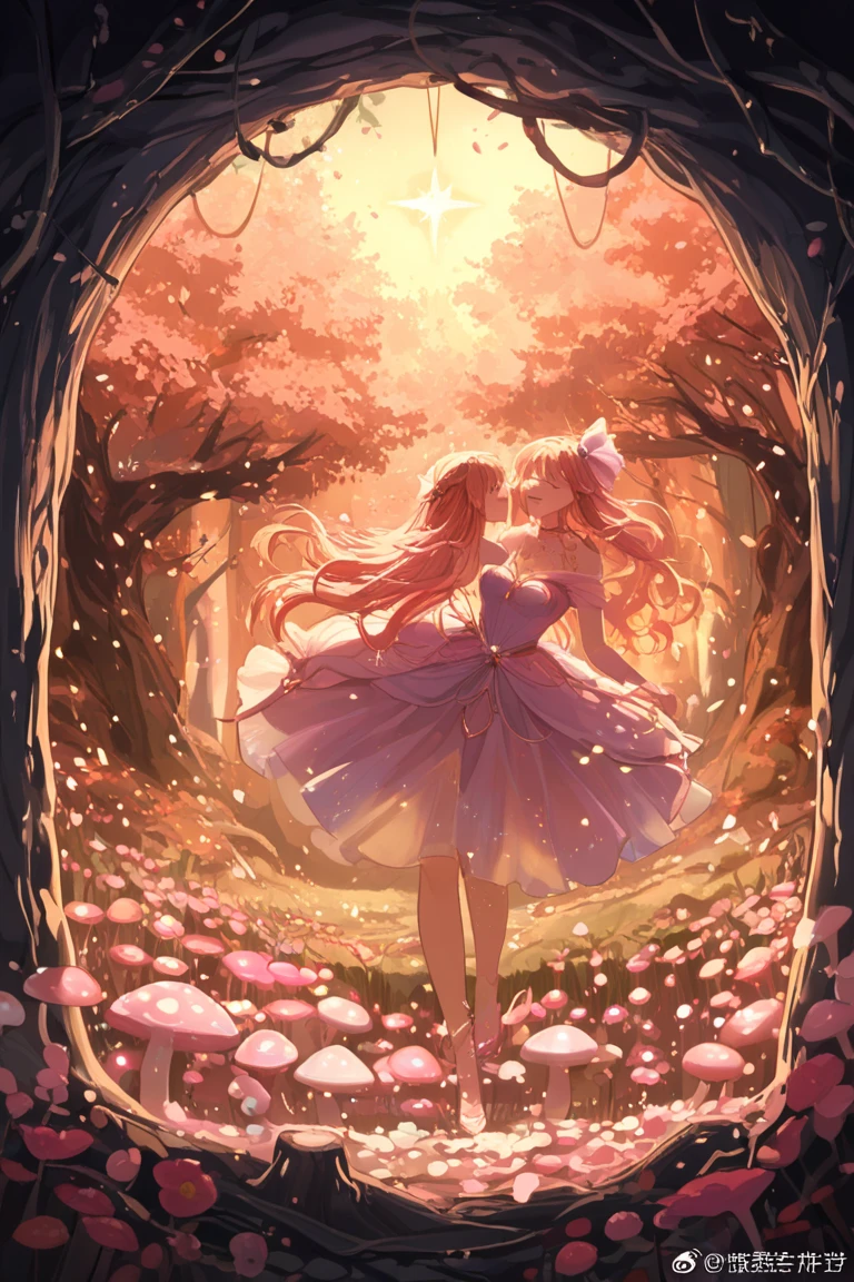 A colorful fantasy world,Two beautiful women walking hand in hand,Ai Fukuhara,Pink Dress,long hair of dark purple color,Flower crown,Large breasts,Rainbow Road,Iridescent tree々,A sparkling river flows,A unicorn is running around in the background,Fairies flying in the background,Black-haired beauty