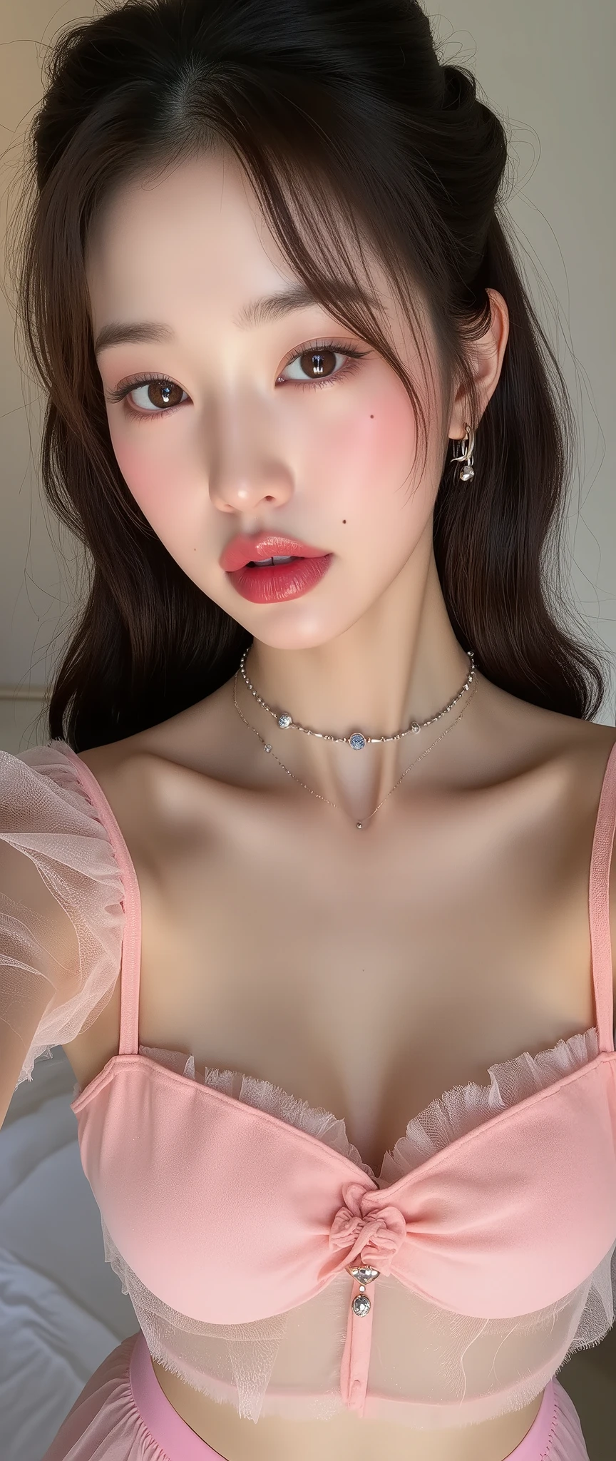 (full body close-up high angle:1.2), (1 girl: comely, from korea, ear old, cute, very dark messy hair, long eyelashes, comely detailed (very dark) partially blocked brown eyes, comely detailed pink lip-glossed lips, (realisitic complexion skin:1.2), (Dimples), extremely detailed eye and face, rounded and soft facial features, gaping mouth, Seriously, (piercing de septo:1.2), small hoop earrings, choker necklace with pendant, loose gray crop top made of transparent tulle mesh over her natural breasts, Lots of cleavage, nipples, below the chest, very flat belly, very narrow waist, lots of belly exposed, Piercing no umbigo, Sheer Tulle Mesh Short Shorts with Extremely Low Waist and No Zipper:1.2, almost exposing pubic hair, Frontal wedgie, hip bones, tight slit, thick, toned thighs, comely legs, cutest feet with white pedicure, dancing and recording a tiktok video, (expression:self-confident,haughty,indifferent,awareness of your attractiveness), (fund: (bedroom environment )), (best qualityer,4K,8k,high resolution,work of art:1.2),ultra detali,(realisitic,photorealisitic,photo-realisitic:1.37),HDR,studio lighting,extreme detailed description,proffesional,(bright coloured),portraite
