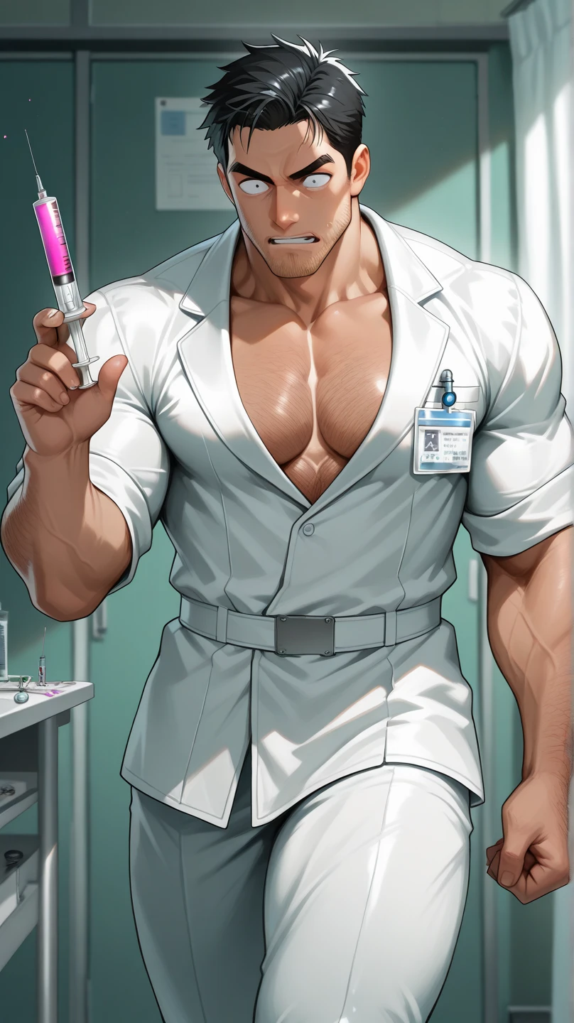 handsome doctor, hospital, stethoscope in neck, cute, hairy(stocky), dadbody, hairy chest, hairy arms; Having anal gay sex with the patient