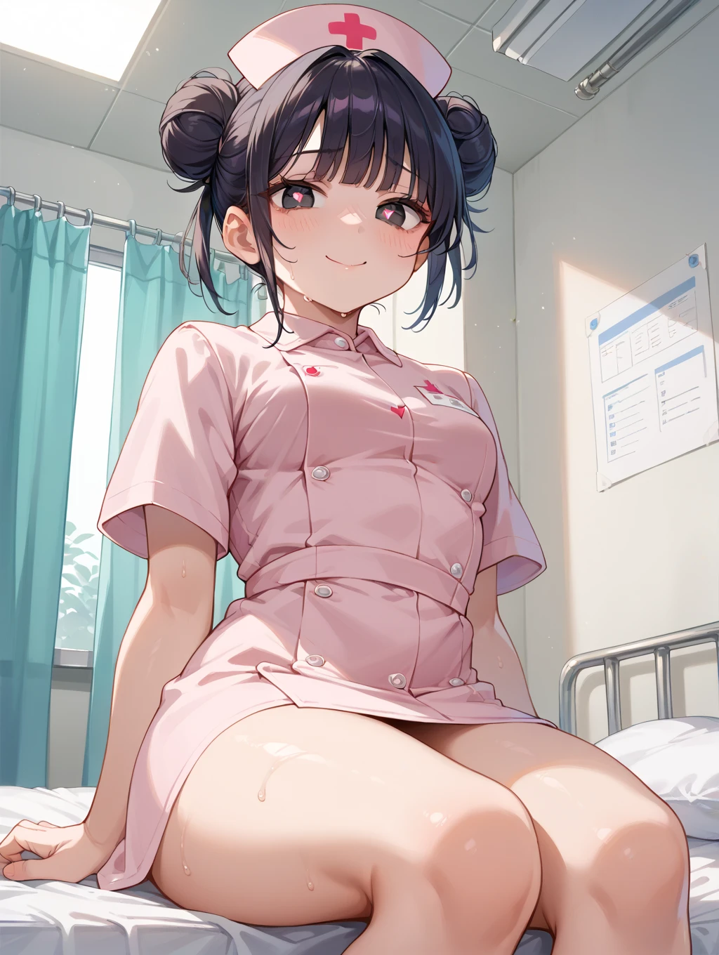 masterpiece, 1girl, (black hair), (braid), (purple eyes), (glasses), (nurse), (gloves), (thighhighs), (looking at viewer:1.1), smile, (:d), (Intricate Iris Details), (blush), (underwear)