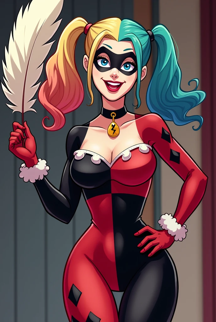 <lora:Harley:0.6> Harley Quinn, 1girl, solo, breasts, thighhighs, black gloves, gloves, dress, twintails, jewelry, multicolored hair, black hair, red hair, split color hair, tongue, elbow gloves, collar, hand on hip, makeup, garter straps, lipstick, short twintails, whip, shiny skin, specular highlights, dynamic angle, dynamic pose,