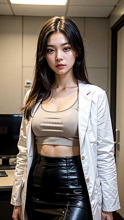 Photorealistic beautiful doctor、amazingly beautiful、doctor&#39;Under her white coat is sexy red underwear, collared shirt、(highest quality、8K、32k、masterpiece、nfsw:1.3)、ultra high resolution,(Photoreal:1.4),Raw photo, detailed face,,beautiful hair, ((doctor style)), , black tight skirt、 natural makeup,, big and full breasts、Inside the hospital, detailed background, perfect lighting, Depth of written boundary, beautiful shadow gradation,Stethoscope ,NSFW、Beautiful female doctor、Fall in love、Her underwear is visible、Sit in the examination chair、