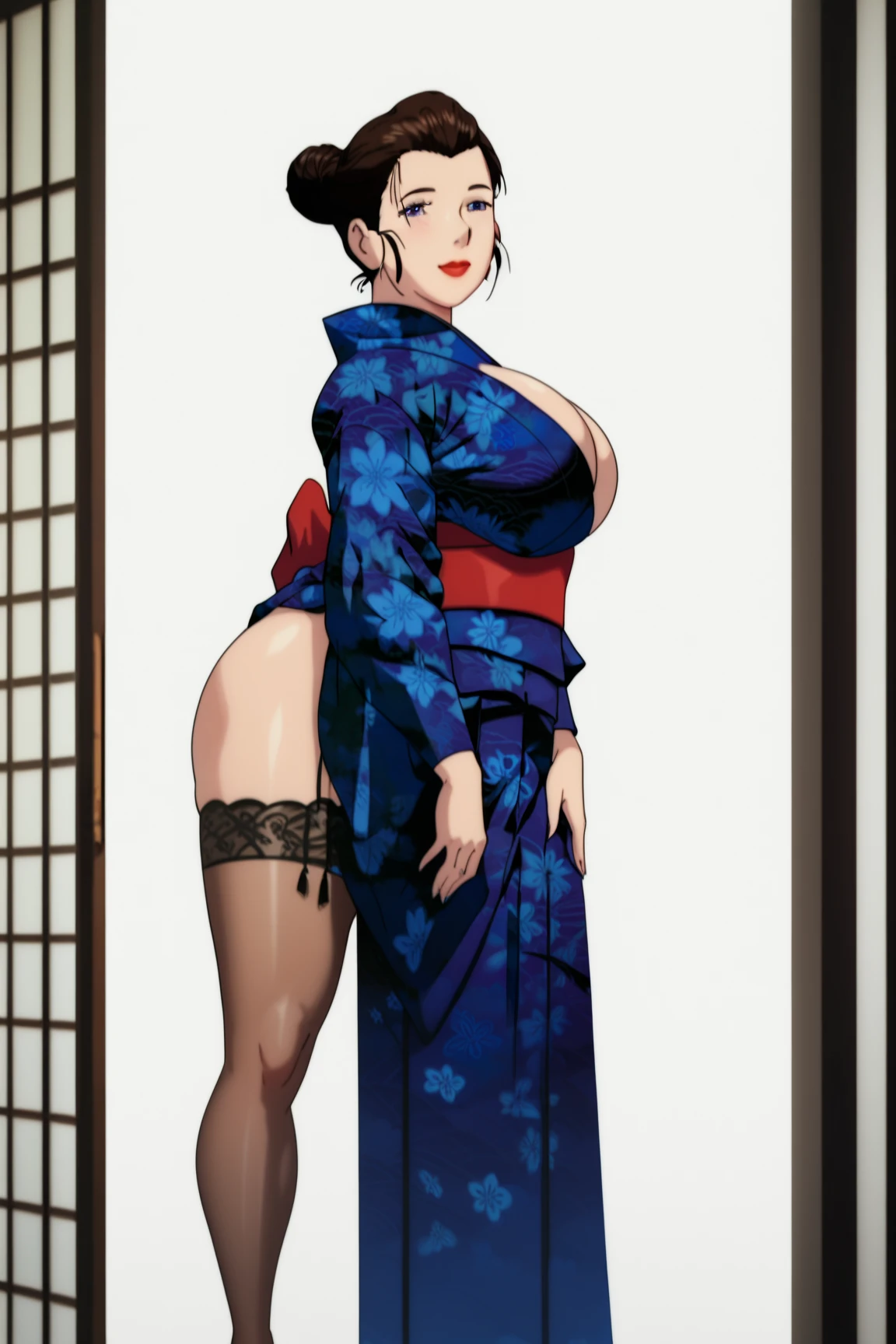 (Browsing Caution), (RAW Photos), (Realistic), (Photorealistic), Ultra-high resolution, masterpiece, Highest quality, Portraiture, facial Portraiture, Perfect lighting, Detailed lighting, Dramatic Shadows, Ray Tracing, Pure Eros Face_v1, Urzan-6500-v1.1, ((gentle smile)), ((cowboy shot:1.2)), ((looking back)), ((wearing a kimono)), ((in old Japanese room)), ((night)),