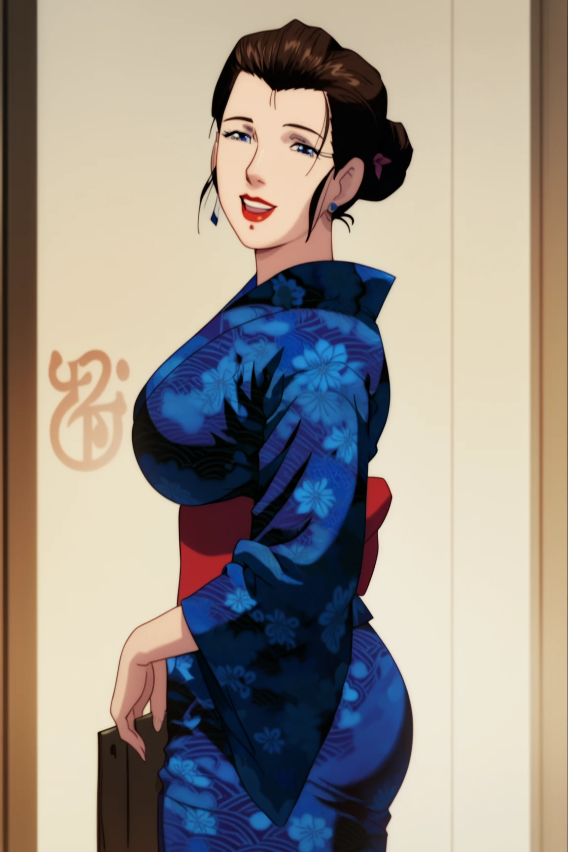 1 girl, 16 years old, japanese, sexy, curvy, round voluptuous boobs, smiling, hand on belly, black hair, hair bun, sexy tight blue kimono, hourglass waist, model, upper body view