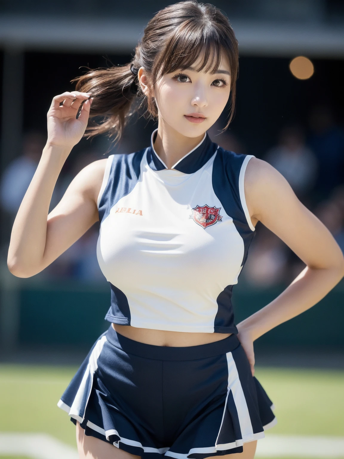 (8K, Raw photo, Best Quality, masutepiece:1.2), (Realistic, Photorealsitic:1.37),1girl in, Professional Lighting, Photon mapping, Radio City, Raw photo、(Photorealsitic:1.4)、Octane number renderin、Complex 3D rendering ultra detail, Studio Soft Light, Rim Lights, vibrant detail, super detailing, realistic skin textures, Detail Face, Beautiful detail eyes, Very detailed CG Unity 16k wallpaper, make - up, (detailedbackground:1.2),Colossal tits、Best Quality, 超A high resolution, masutepiece, 1girl in,Brown-haired hair,(Shorthair), 20yr old,((Colorful Cheergirls、cheer leading)), cute  face、((pleatedskirt))、乃木坂アイドル、韓国アイドル、Japan idle、((cleavage of the breast))
