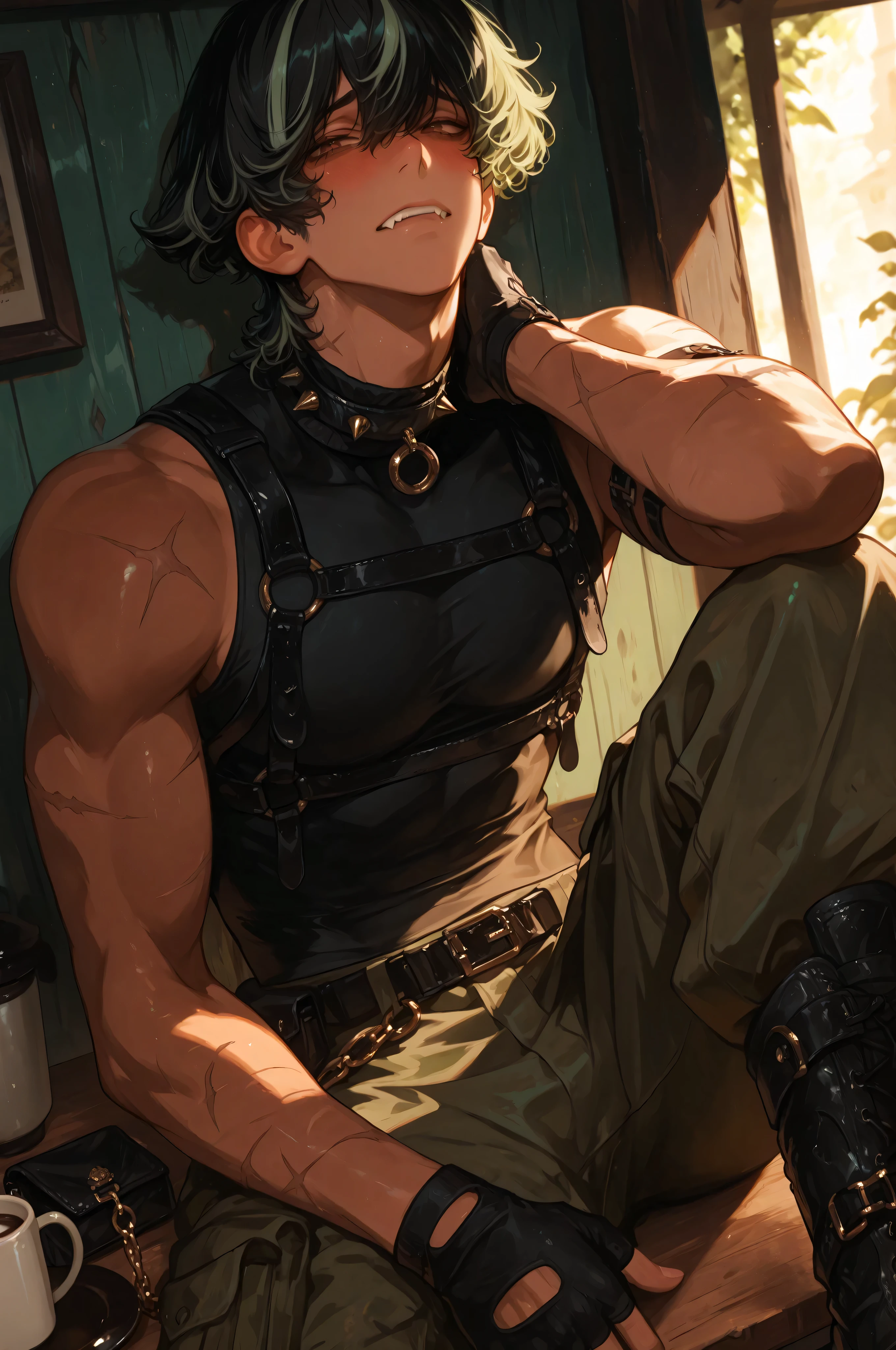 male focus, foreshortening, sitting at table, blushing, arousal, hand on neck, looking at viewer, shy expression, ((saturated dark skin)), leaning against wall, fangs, 1boy, A fembody, mature, curly hair, hair covering eyes, scar on arm, curly hair, wolf cut, black hair, (pale green streaked hair), brown eyes, freckled, spike choker, harness, turtleneck compression top, cargo pants, fingerless gloves, wallet chain, combat boots, sketchy line art style, cinematic lighting, lazypos, masterpiece, best quality, highly detailed, cafe background, daylight, cozy surroundings, coffee on table