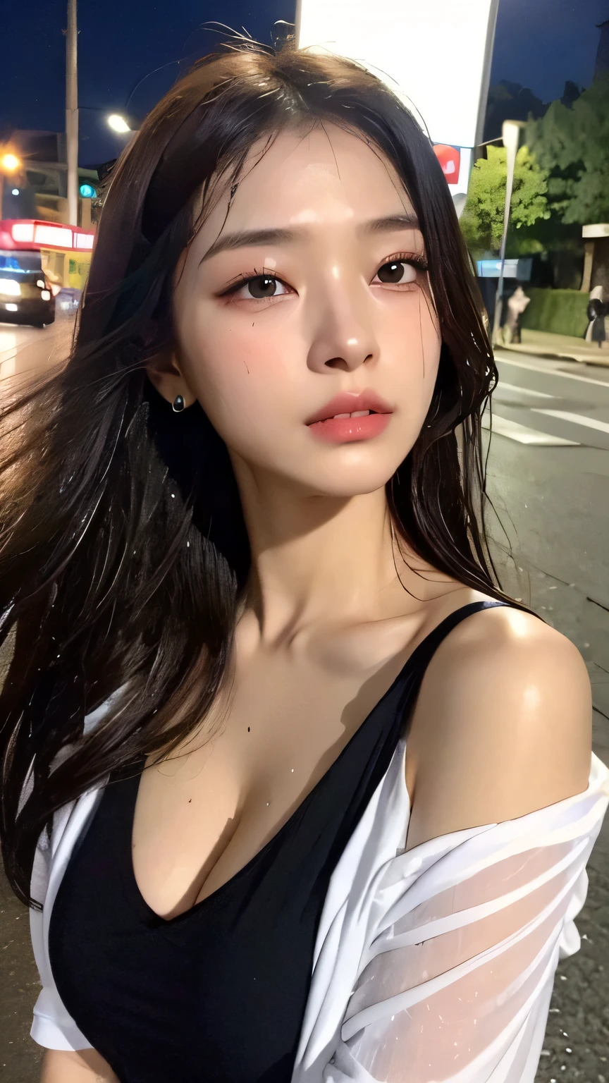 ((Best Quality, 8K, Masterpiece: 1.3)), Sharp: 1.2, Perfect Body Beauty: 1.4, Slim Abs: 1.2, ((Layered Hairstyle, Big Breasts: 1.2)), (Wet White Button Long Shirt: 1.1), (Rain, Street: 1.2), Wet: 1.5, Highly detailed face and skin texture, detailed eyes, double eyelids, side face looking at the camera