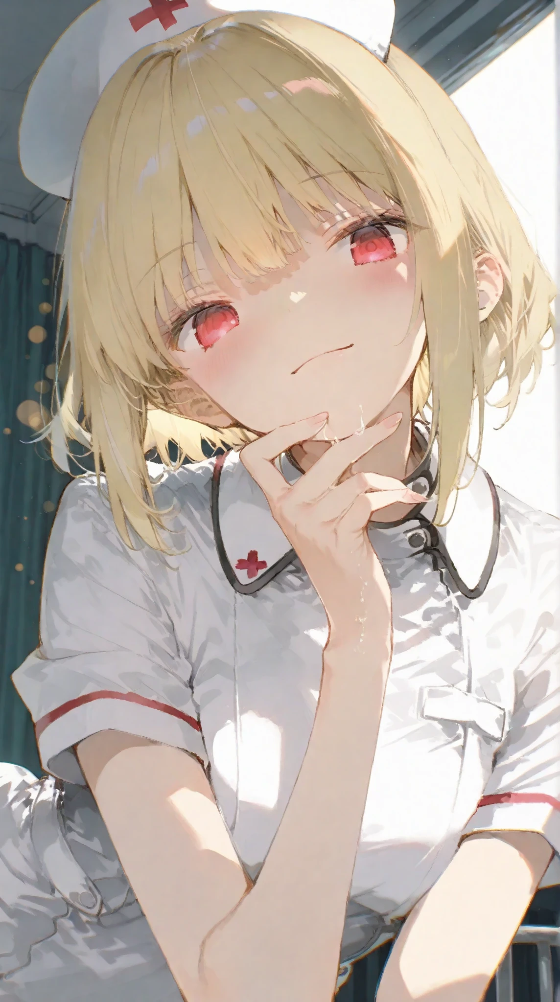 Highest quality, (Tabletop:1.2), Very detailed, One Girl, alone, Looking at the audience, (Upper Body:1.2), Erotica、Highest quality, Very beautiful, Very delicate 8k wallpaper, Super beautiful girl, The face of a masterpiece, (Eyes of a Masterpiece:1.5), (Pixie Cut Hair:1.3), (Colorful blonde hair, Short shaving surface, The back is very short, Very short side, undercut, Side cut:1.3), (Long eyelashes, Red lips), (Deep Skin, Dark Skin:1.7), Pink lipstick, eye shadow, just_feet, choker, Earrings, (Wearing fishnet stockings:1.2), (Enamel Dark Nurse、)), ((White erotic nurse clothes:1.1), Half-undressed, Nurse clothes with open chest, (Five Fingers, Four fingers and a thumb),(((Wet))), (((Sweat))), (((vapor)))、Hair on one eye、Stir、