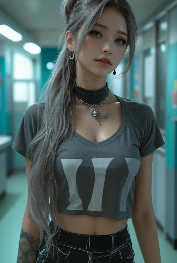 Beautiful college girl in the city,masterpiece,light makeup,Red lips,Silver Hair,Disheveled long hair,Street background,Grace,Grace。超微細ディテールのmasterpiece,Authentic texture,Realism in film lighting,Perfect piece,8k,khd,Delicate facial features,White skinny turtleneck top,white skinny shorts,Slim figure,Big bright eyes,Smooth Skin,Ear discharge,Choker Necklace,(((He has many tattoos all over his body)), (((Tight waist))), ((Big Breasts)),(See through),panties,(NSFW:0.8)