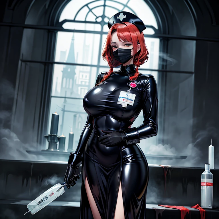 (ultra realistic,32k, masterpiece:1.2),(high detailed skin:1.1),( high quality:1.1),
1girl, pink hair, ponytail hair, bangs,(aqua eyes:0.9), <lora:latex_surgical_nurse_v1:0.7>Thistle latex_nurse_surgical, mouth mask, latex, gloves, surgical mask, nurse cap,long dress,long sleeves,shiny uniform, (blood, blood splatter:1.1),,(looking at viewer, sitting:1.1),, (huge breast:0.9),<lora:add_detail:1>,
(volumetric lighting:1.1), courtyard, ornate fountain, cobblestone paths, tranquil <lora:20231216-1702730773920:0.25>bfbfbf, sweaty, dirt dirty,fire,battlefield,heavy rain, blurry background,