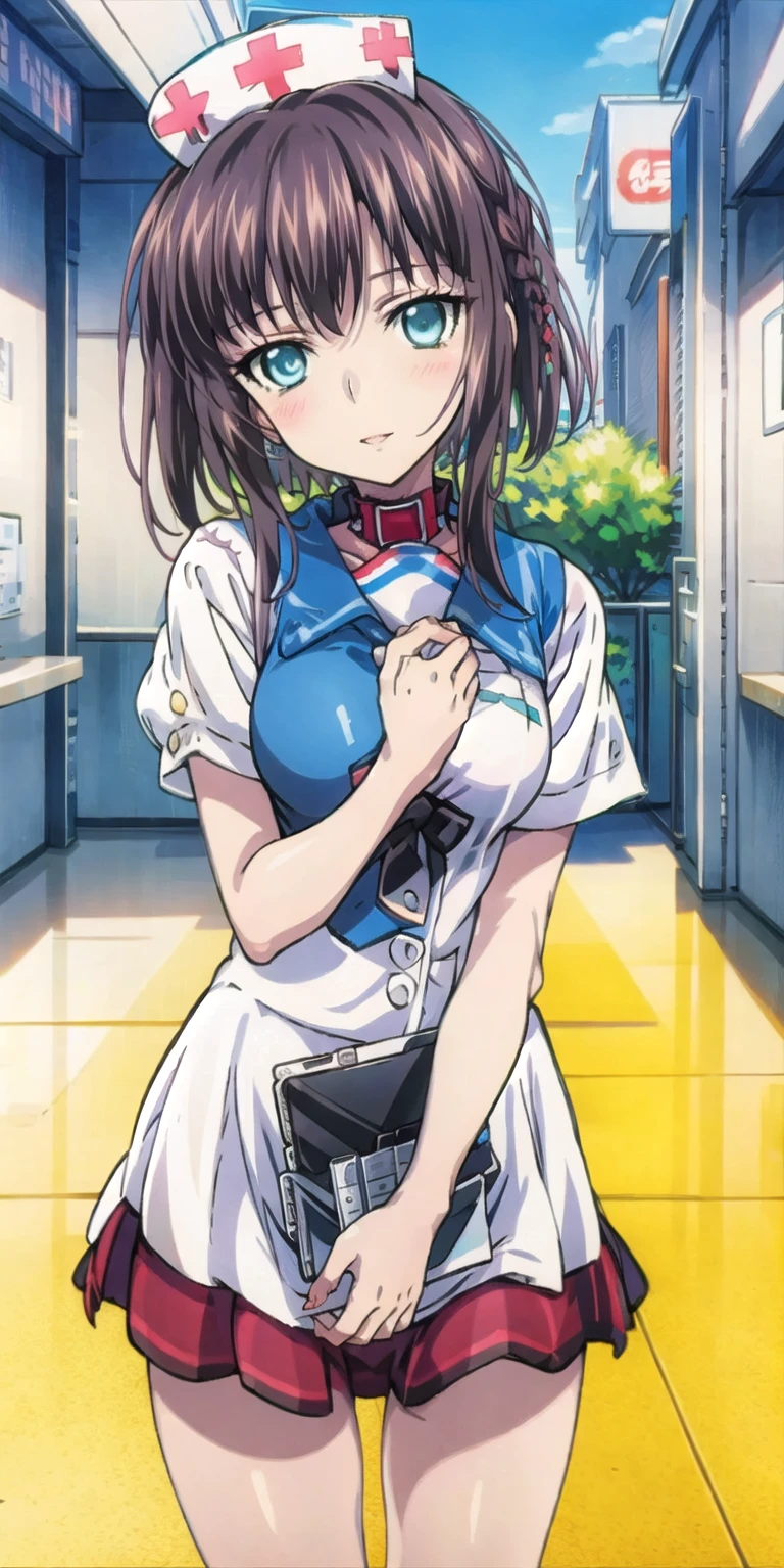 (top-quality、in 8K、32K、masterpiece、nffsw、超A high resolution、Impresionismo、Photorealsitic:1.2)、1girl in, 独奏, Homura, white backgrounid, (masterpiece:1.2), (top-quality:1.15), ighly detailed、(Eyes are purple、:1.2)、Smaller chest、grin、Clean thighs、((guardian、black nurse、Nurse hat、hospitals、Large injections:1.2)