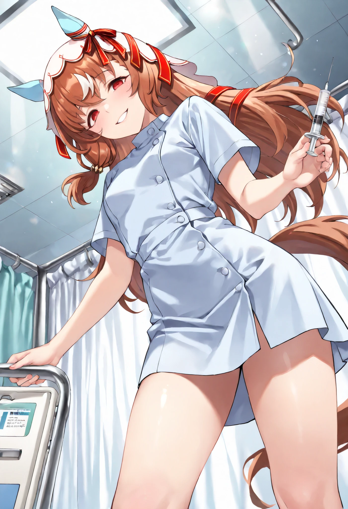 (masterpiece, best quality, perfect face:1.4), wide angle, Still in Love \(umamusume\), brown hair, red eyes, long hair, streaked hair, horse ears, ear cover, ear ornament, veil, red hair ribbon, small breasts, horse tail, tail on the lower back, proportional body, proportional,1 girl, beautiful hair, beautiful face, beautiful detailed eyes, beautiful clavicle, beautiful body, beautiful chest, beautiful thigh, beautiful legs, beautiful fingers, looking at viewer, BREAK, nurse uniform, nurse working in hospital, dynamic lighting, sunrays, white nurse uniform, yandere, crazy, morbid love, An innocent smile, possessiveness, desire for control, Holds a syringe, textured skin, realistic skin, HDR, BREAK, good hands
