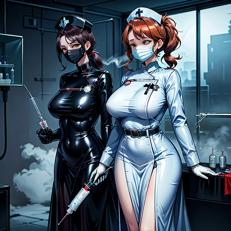 black nurse, 1womanl, Nurse, Nurse Cap, Blackware, ((Black legwear, zettai ryouiki)), Black Elbow Gloves, Curly brown hair, Blue eyes, Standing, ((surgery room)), sharp outline, Short sleeves, a matural female, 35 year old, Best Quality, masutepiece