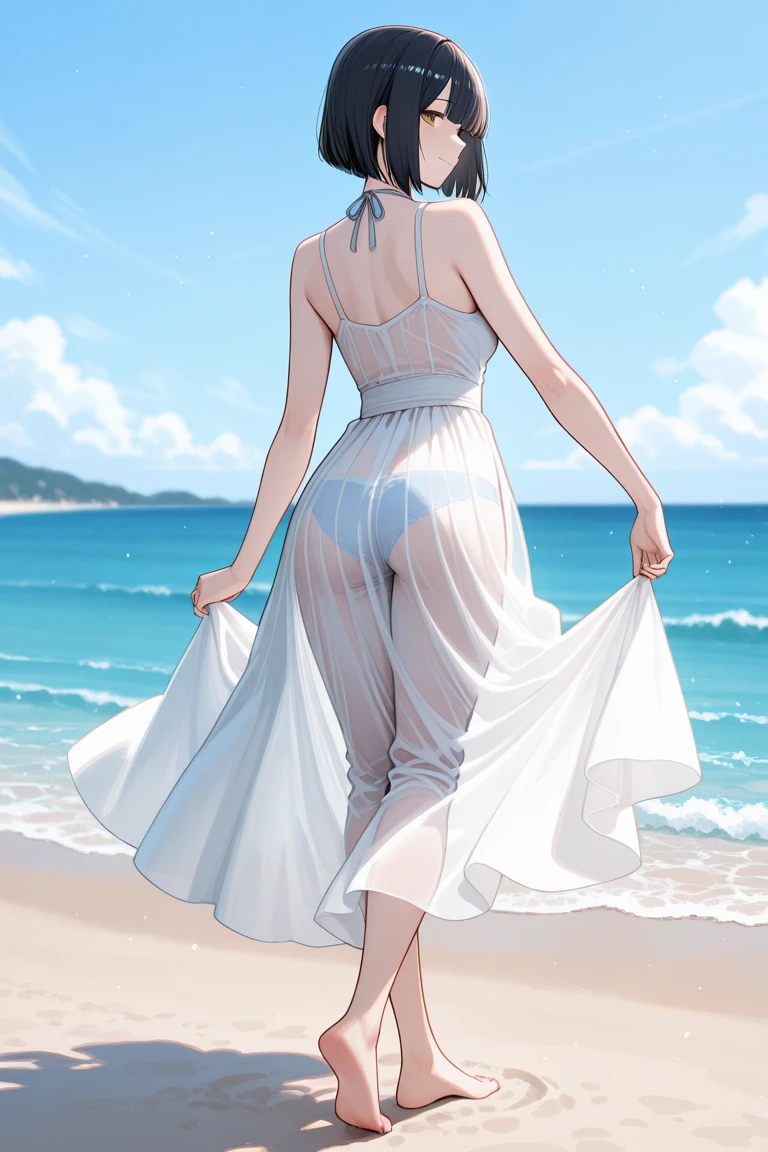(Masterpiece), (8k size wallpaper), (top quality), Caustics, Detiled、Hyperrealistic Photo、Photorealistic、A beautiful woman wearing a see-through dress at the beach turns around and looks at me、Dynamic photos、Wind、Glossy painting、illationｇCup-sized breasts、whole body、Cute expression