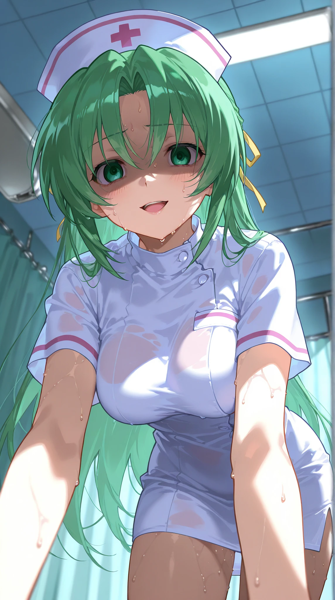 ((masterpiece,Highest quality:1.3)),cowboy shot,1woman、30 year old beauty、独奏,(very small head:1.3),green hair,(low ponytail),long hair,blunt bangs,green eyes,gorgeous eyes,shy,medium breasts,(very long body:1.2),(toned body,slender body,skinny),gleaming skin,shiny skin,oily skin,((Injury:1.4、Treated with white bandages)),naked,nipples,navel、vagina,hospitalのベッド、hospital、World of Blade Runner、nsfw,