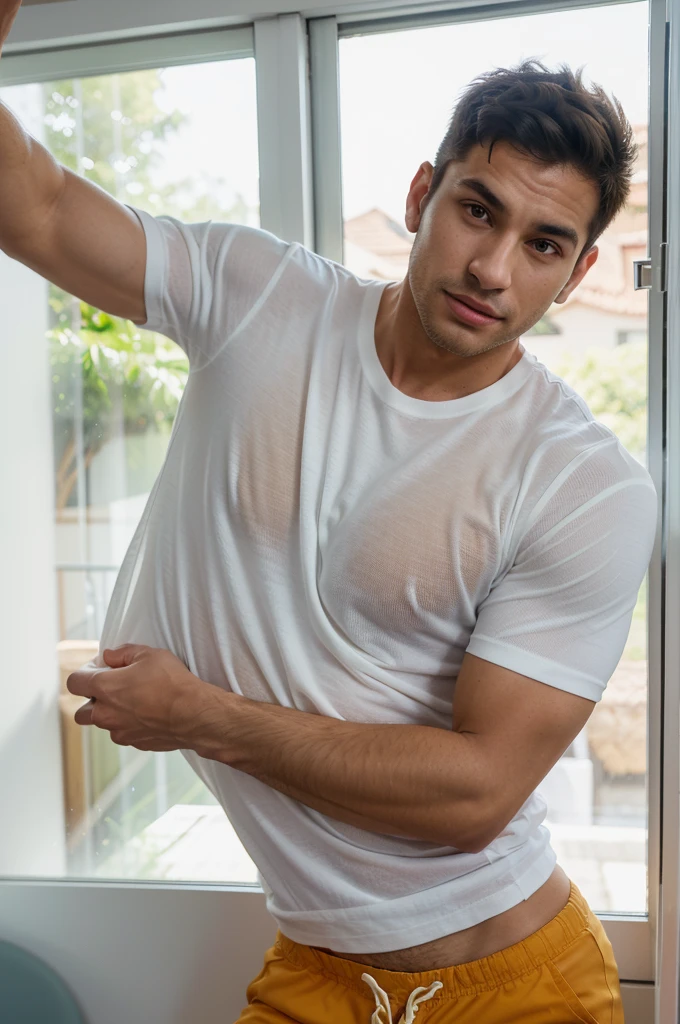 Beautiful man 30 years old, muscular body, barba rala, mas seu rosto esta iluminado pela fogueira. (((Beige Jeans)))