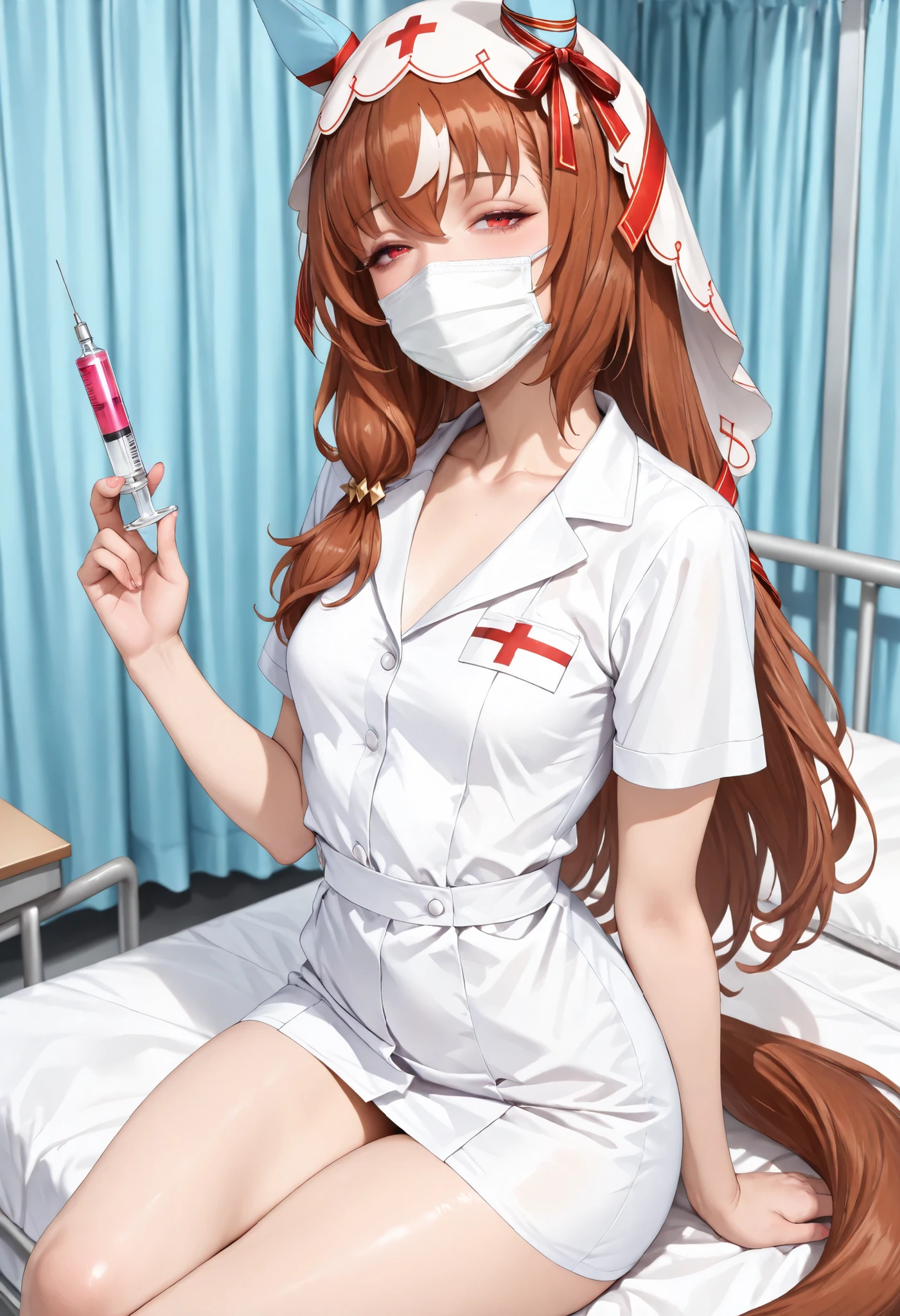 (masterpiece, best quality, perfect face:1.4), wide angle, Still in Love \(umamusume\), brown hair, red eyes, long hair, streaked hair, horse ears, ear cover, ear ornament, veil, red hair ribbon, small breasts, horse tail, tail on the lower back, proportional body, proportional,1 girl, beautiful hair, beautiful face, beautiful detailed eyes, beautiful clavicle, beautiful body, beautiful chest, beautiful thigh, beautiful legs, beautiful fingers, looking at viewer, BREAK, white surgical mask, (Nurse Uniform), hospital room bed,dark Night, half closed eye, holding a syringe, textured skin, realistic skin, HDR, BREAK, good hands

