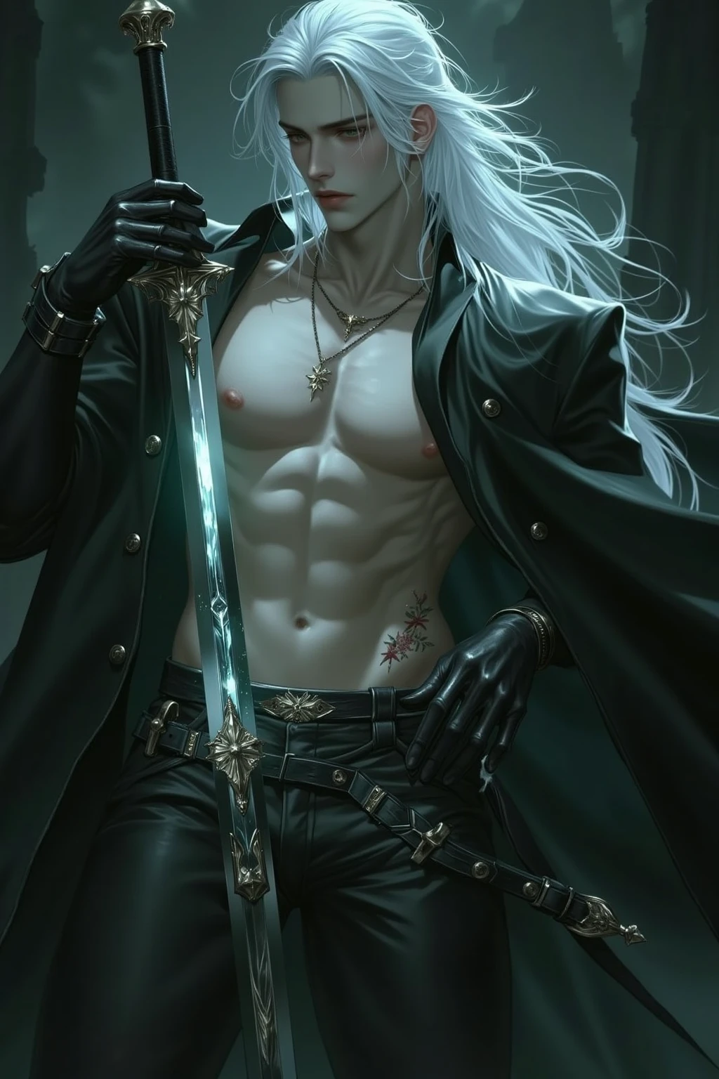 A male character with long white hair, green eyes, wearing a black scarf, a white cape, no shirt, and a tattoo of a chess piece.
