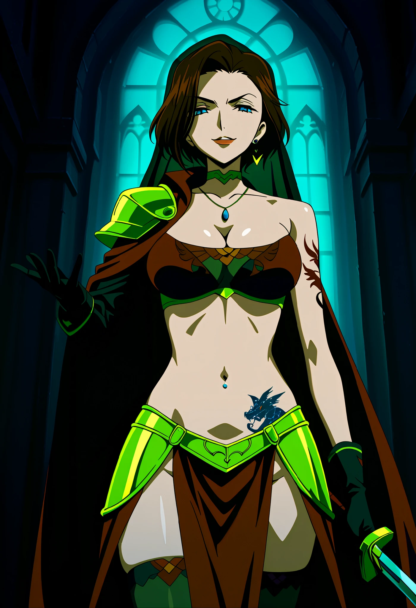  anime cloring,anime screencap,
1girl solo,looking at viewer,,
Sophie Landel,brown_hair, short_hair, blue_eyes, lipstick, earrings,  ,ear piercing, long hair, lipstick,Hot girl, baddie, smoking, sensual, attractive ,cross necklace, choker, castle,inside castle, masterpiece, best quality, highly detailed ,gold_choker, complex detailed
background, inside, holding a sword, sword,harem_outfit,navel, necklace,
pelvic_curtain,revealing_clothes, veil, masterpiece,best quality,mature,evil
smile ,necklace,pendant, () , exposed belly, exposed navel, midriff,
exposed lower belly, ,cleavage, navel piercing, european architecture, palace,,
cape, pauldrons, hip armor,, left arm shoulder guard, black thighhighs, , black
gloves,, medium large  ,looking at viewer , dragon tattoo on waist, narrowed eyes, tattoo on waist, anipai_style , anime screencap , anime coloring, v-shape eyebrows,
