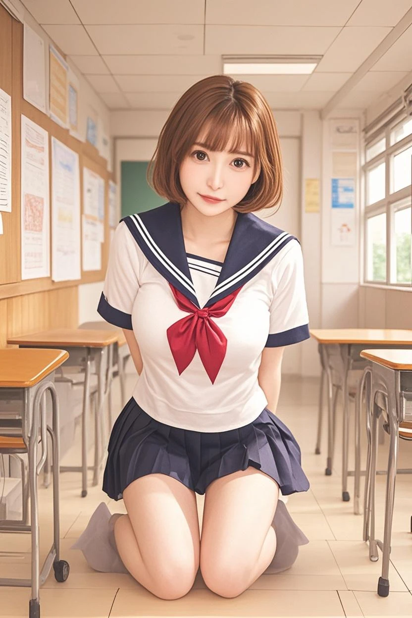 (Ultra Realistic), (3D), (CG), (High Definition), (8K), (Very Detailed), Memcho, Solo, One Girl, Blonde, Very Small Horns, Mini Skirt, Short Hair, Knitted Knee Socks, Uniform, Smile, Small Body, Small Breasts, Constriction, School, Classroom, Sailor Suit, Baby Face, Young Child, 15 Years Old, Bareface, Suppin