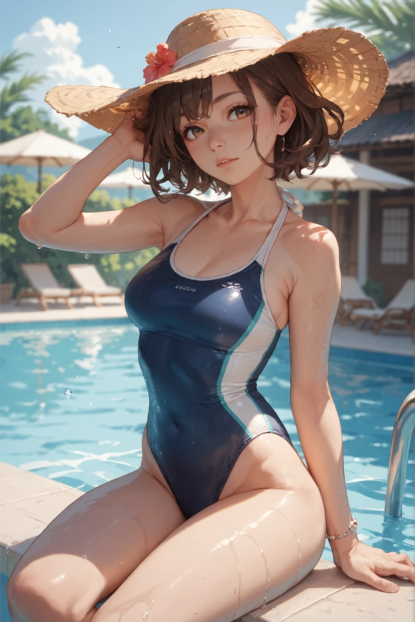highest quality、Realistic、Women、16 years old、zoom、Chestnut Hair、Turquoise Eyes、short hair、athlete、muscle、Sunburn、Tan Skin、Swimwear、smile、Ocean、Looking down、、Bust Shot、cleavage cutout