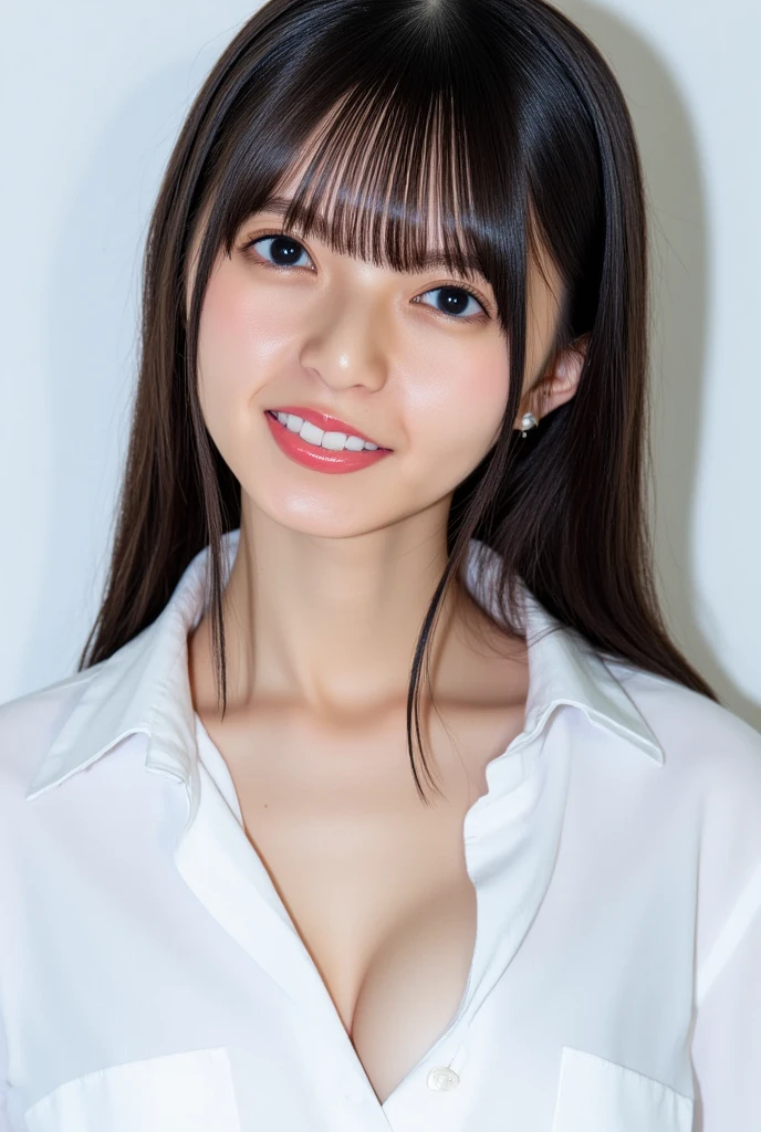 Best quality, masterpiece, ultra high res, (photorealistic:1.37), raw photo, 1girl, long ponytail hair, beautifull eyes, beautifull face, detailed eyes and face, dynamic lighting, in the dark, deep shadow, low key, cowboy shot, ((organized fingers)), ((smile)), (((White shirt))), ((large breasts))