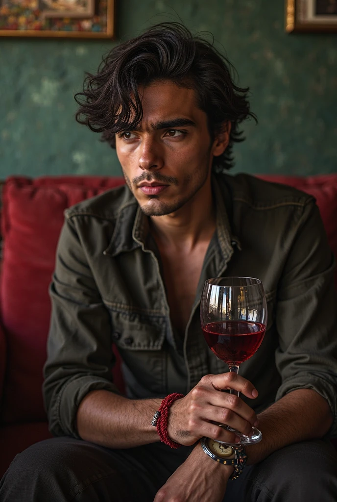 Tattoed dark-skinned man,with curly hair,sadly drinking wine at home
