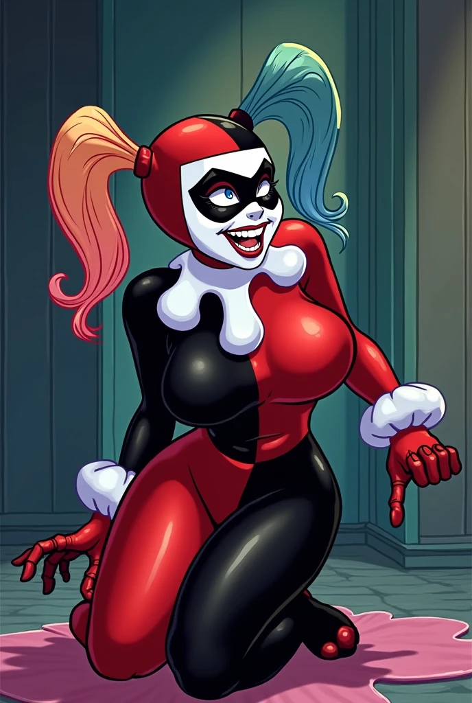(HarleyWaifu:1), (blue eyes, mask, domino mask, hat, bodysuit, jester cap, makeup, facepaint, gloves), (makeup), curvy, looking at viewer, evil smile, :D, breast focus, leaning forward,
(detailed landscape, city, dirt alley, smoke:1.2), (background:1), (dynamic_angle:1.2), (dynamic_pose:1.2), (rule of third_composition:1.3), (dynamic_perspective:1.2), (dynamic_Line_of_action:1.2), solo, wide shot,
(masterpiece:1.2), (best quality, highest quality), (ultra detailed), (8k, 4k, intricate), (full-body-shot:1), (Cowboy-shot:1.2), (50mm), (highly detailed:1.2),(detailed face:1.2), detailed_eyes,(gradients),(ambient light:1.3),(cinematic composition:1.3),(HDR:1),Accent Lighting,extremely detailed,original, highres,(perfect_anatomy:1.2),