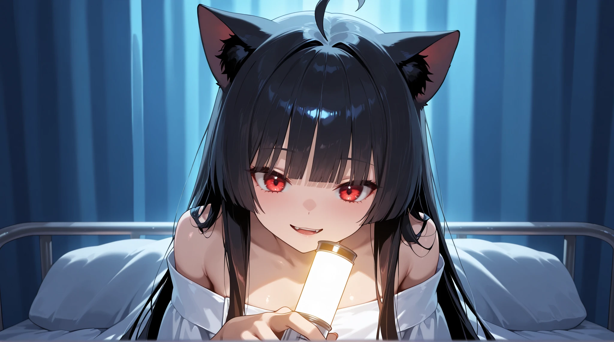 Nurse patrolling the hospital room late at night , Beautiful women ((cat girl, cat black ears)), (red eyes), (long hair), (( black hair, (Ahoge), straight bangs,)), , with a with white off-shoulder gowns , ,Holding a Flashlight,the crazy smile of a woman illuminated in the dark,The point of view of a man sleeping in bed,opening curtains to show her face,syringe