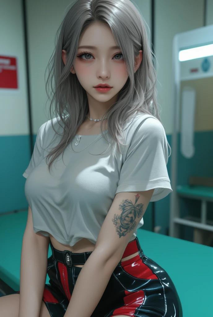 pink hair, masterpiece, Highest Quality, The ultra -The high-definition, Top resolution, Detailed eyes, Clean skin, Show off your private parts in the school classroom, Her lower body is naked and her upper body is wearing a top, Her clothes are rolled up and her breasts are visible, An 18-year-old female、Shot for one person only、model shoot、Large round chest、medium breasts、Wearing a black skirt、Beautiful Eyes of Details、Very slender eyes、Beautiful eyelashes、beautiful double eyelid、Very slim physique, Lower milk is visible, Shy, with blush cheeks, Show off, pubic area open, Show off your pubic area, Sweating, My crotch is wet, The chest is firm and the contours are clear.., large full breasts, Vaginal shots