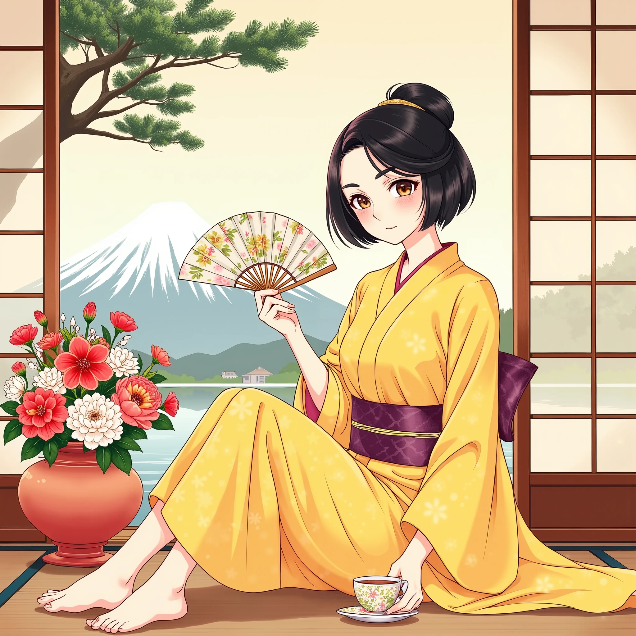 illustrations、Anime、A beautiful 25 year old woman is sitting、 yellow kimono 、Japanese Women、Japanese-style room、pine tree、meters. Fuji、 Beautiful flowers in a vase 々 、Floral fan、 woman has big breasts 、Japanese tea、