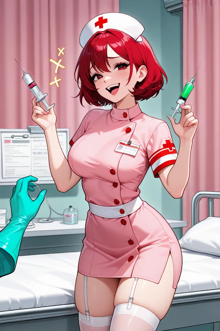 (masterpieces,8K,HDR,extremely delicate and beautiful,best quality:1.2),realistic,science fiction,delicate background,perfect anatomy,good anatomy,cowboy shot,(solo focus),1girl,tron bonne \(mega man\),style of mega man legends,<lora:tronBonneLora_tronbonnev2:0.5>,Tron Bonne,skull earrings,Headband,Brown Hair,flipped hair,big hair,hair pulled back,Green Eyes,light Skin,blush,pink hairband,long hair,standing,hand on hip,(covered nipples),(bottomless),(pussy),indoors,office,office chair,