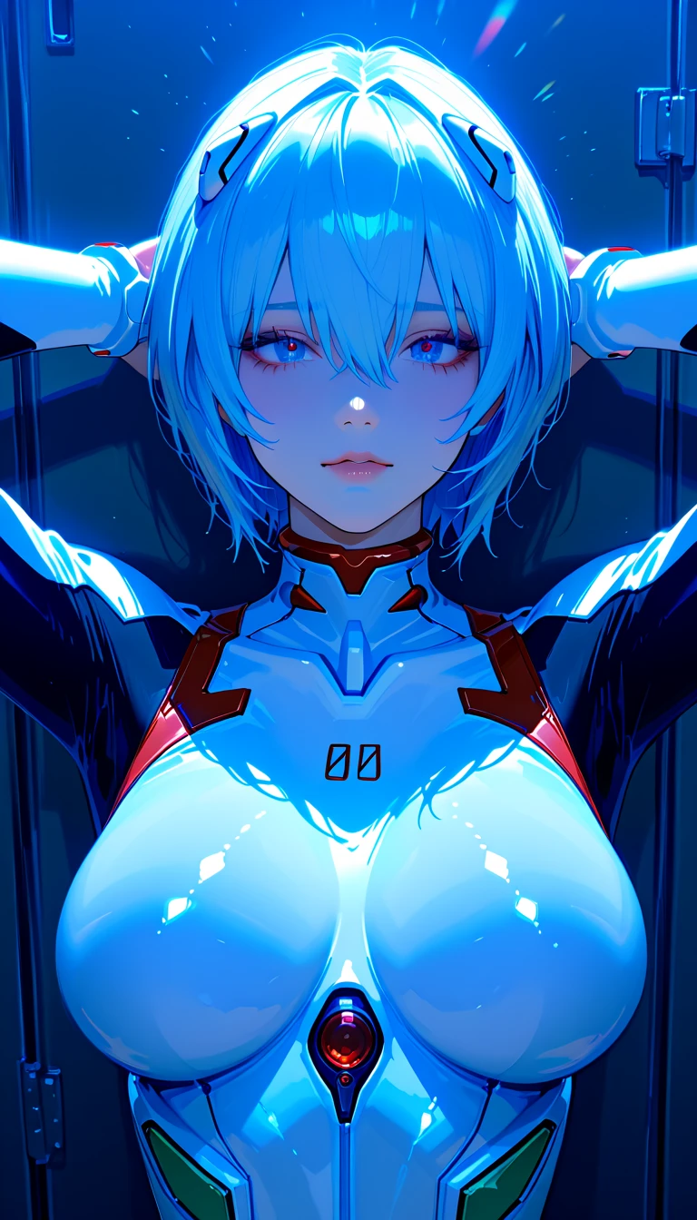 beautiful and breathtaking illustration, solo, 美しいAyanami Rei from belowがロッカールームにいる,from the front:1.331, turns hands behind the head, Distorted Posture, Ayanami Rei from below, (8k, top quality, masterpiece), (realistic, super fine clear), blue hair, shaggy cut, Long bangs :1.5, realistic Light, skinny body, facial expression close-up, facing another, orgasm face, anatomically accurate ratio, Tiny Head, Big breasts, detailed depiction of skin, detailed clear eyes, Damp clothes, erotic, Ayanami Rei from belowのタイトなコスチューム:1.5, bright locker room with outside light shining in, Sound Effects:1.331, 成人コミックのSound Effects:1.1, shining like a prism, stare at viewers lying down, Upper body angle,lens flare,