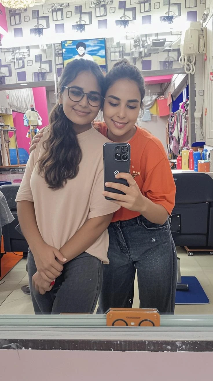 two women taking a selfie in a mirror in a bathroom, bella thorne and megan fox, high quality upload, snapchat photo, mirror selfie, beautiful girls, posing!!, profile image, lana del rey and zoë kravitz, 💋 💄 👠 👗, profile picture, selfie photo, profile pic, two models in the frame, beautiful women, mirror selfie, beautiful girl, big ass, huge ass, bbw, from behind, thick, thick thighs, wide hips, bbw, big tits, sideboob, giant ass, back view, big butt, round butt, tight underwear, underwear halfway off, underwear taking off, grabbing ass, ass spilling over underwear, too thick for clothes, looking left, leftwards


