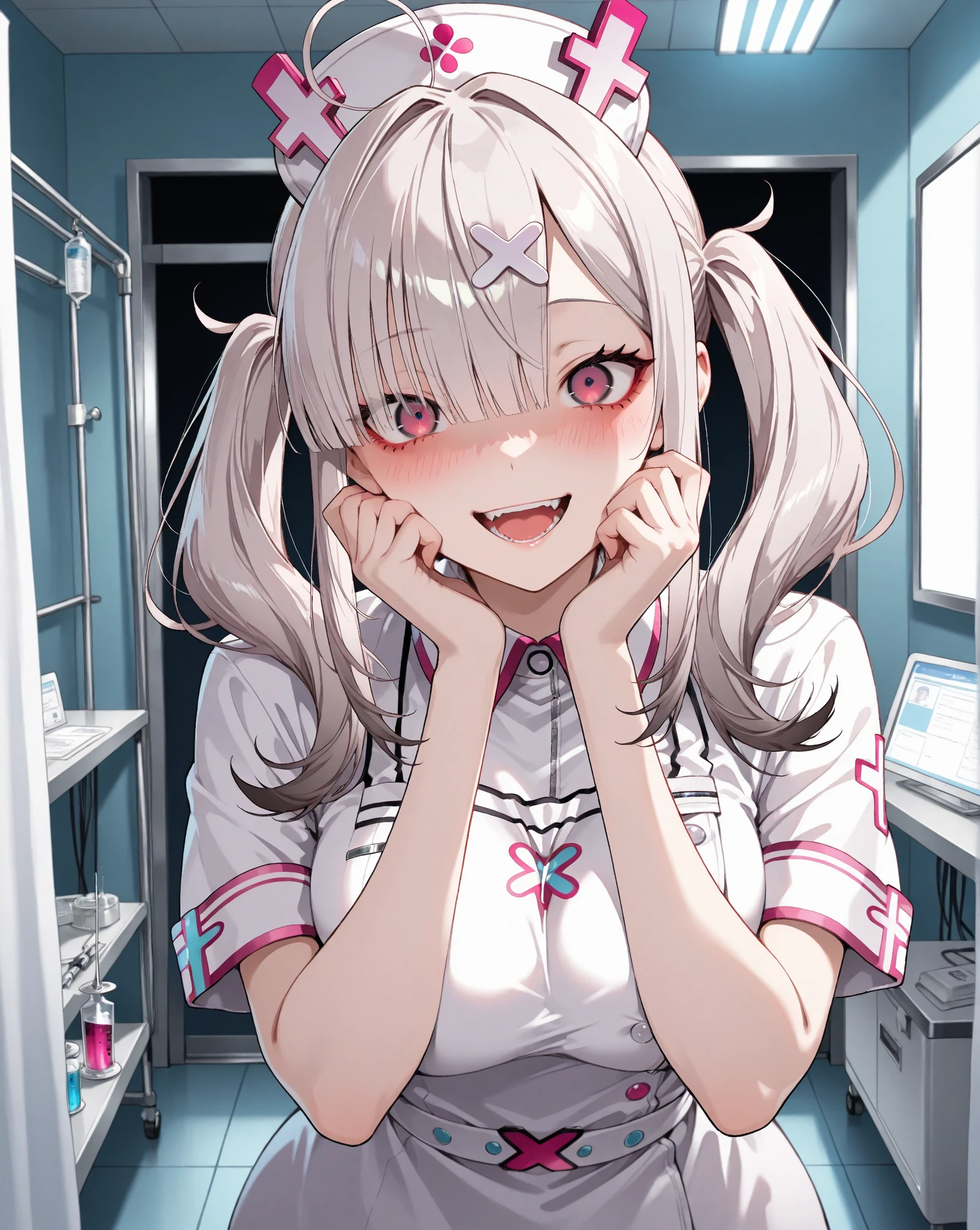 (hyper Practical:1.4), (Practical:1.3), (Smoother lighting:1.05), (Improving the quality of film lighting:0.9)、Natural light、(1 female), Medium Length Hair, twin tail, Beautiful face and eyes, very cute face, Smile, vitality, vitality, (Real short nurse uniform:1.2), light pink, White, (Chest Nurse:1.4), (Ward), stethoscope, White Wallpaper, Sexy girl (view from below:1.2)
