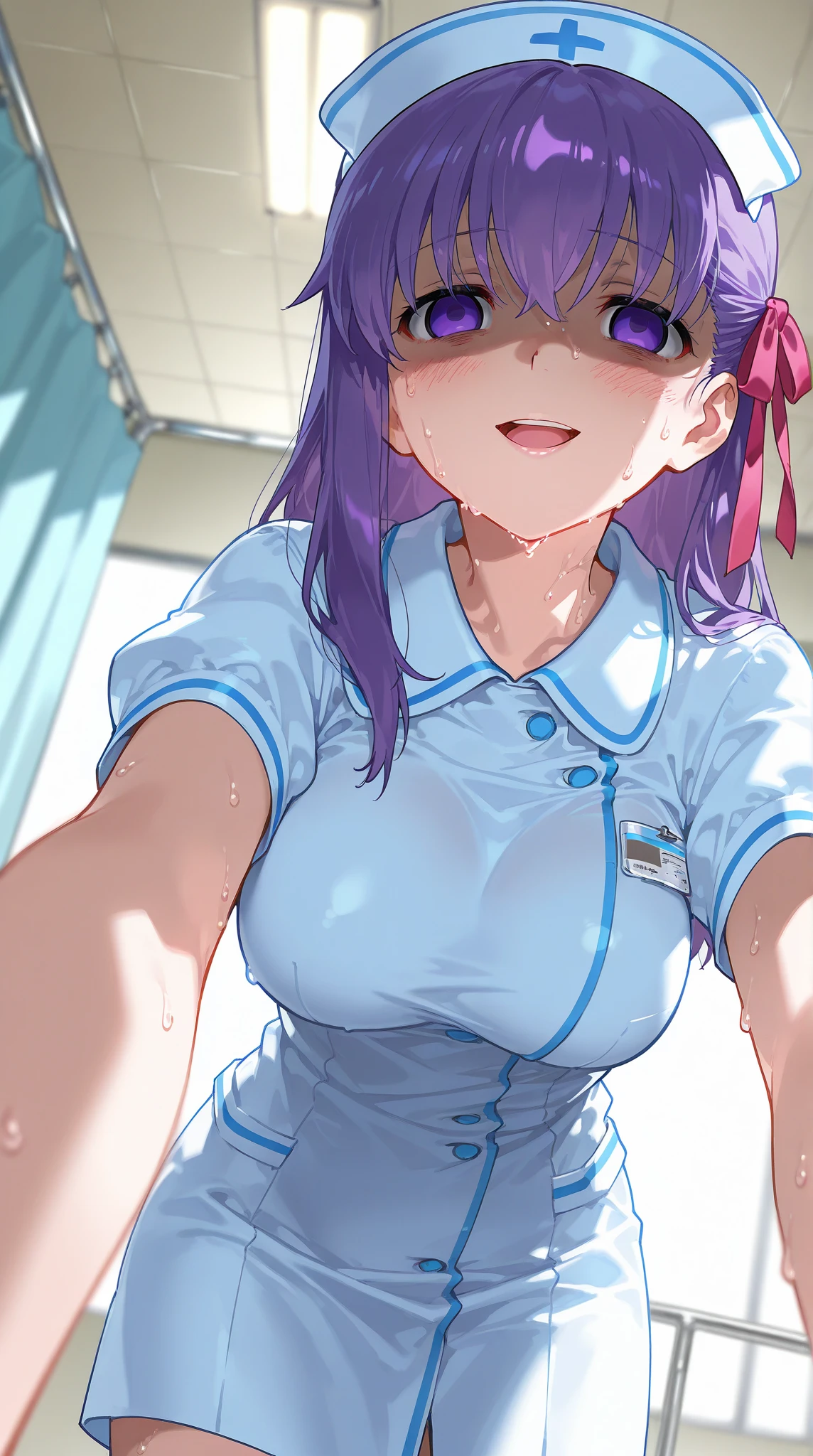 1girl, nsfw, furuderika, long hair, purple eyes, blue hair, blunt bangs, empty eyes, large breasts, nipple, Walking, Hospital, frozen, wet, crying, Naked, (1girl) , solo, Blank look, Peeing, lactation, projectile lactation
