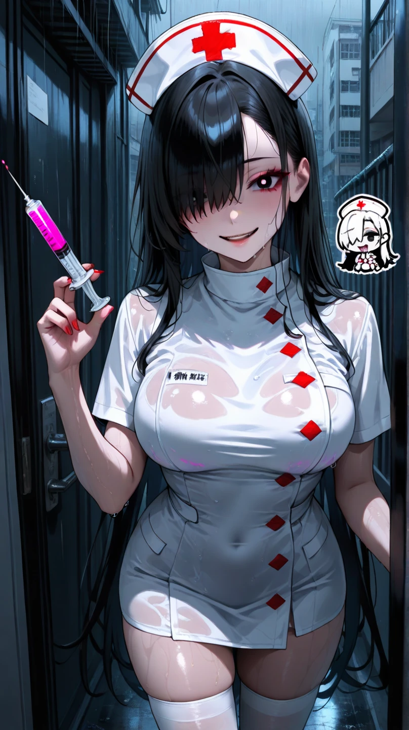 Gothic Nurse,short black hair,big boobies,wearing a black glove,psychopath look,showing breast nipples,holding a sperm-filled penis