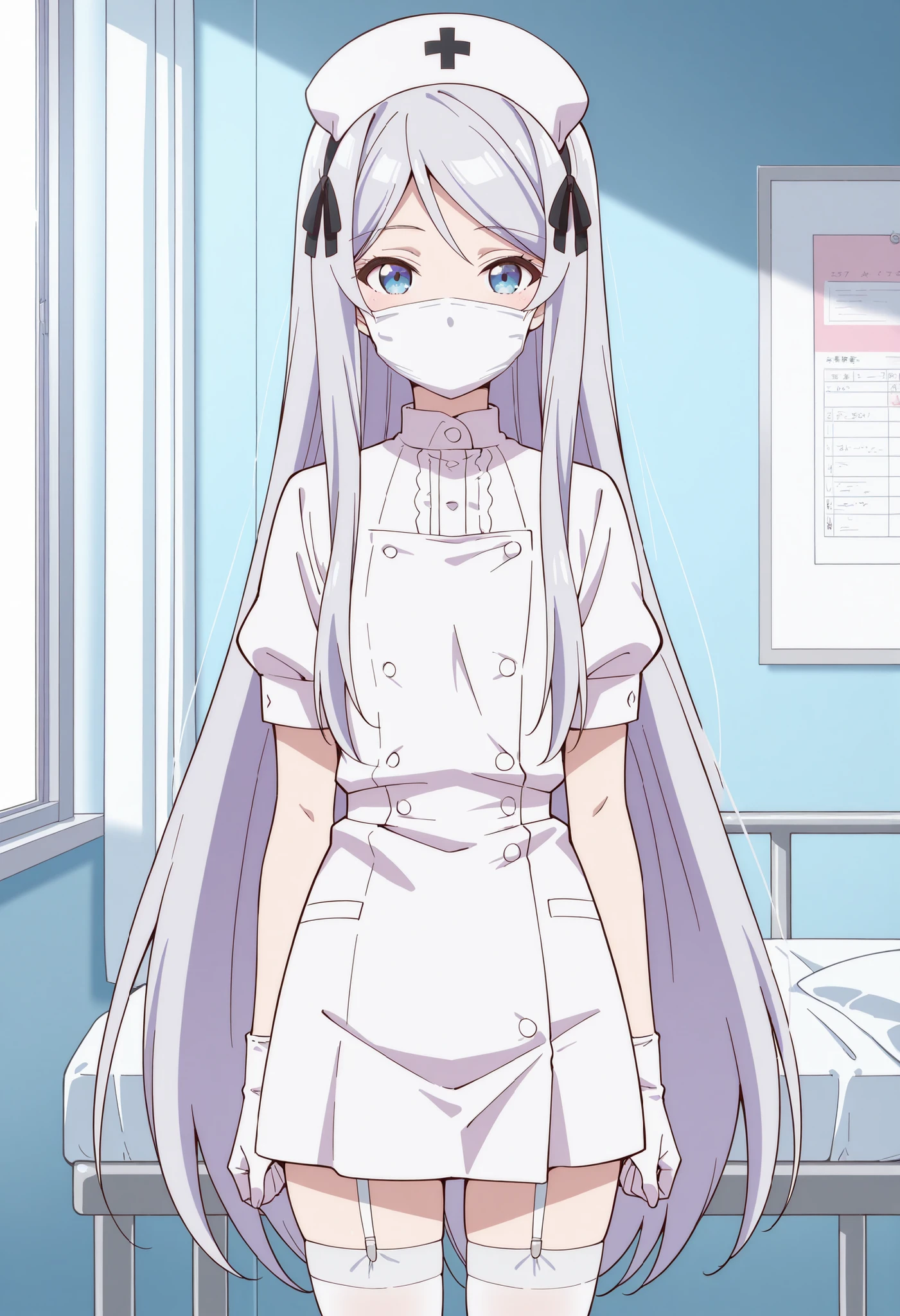 Score_9, score_8_up, score_7_up, source_anime, shisei houjou (kurakon), solo, very long hair, grey hair, sidelocks, blue eyes, flat , (best quality), (high quality), {masterpiece}, extremely delicate and beautiful, ultra-detailed, beautiful detailed eyes, nurse, nurse hat, ((white nurse's outfit)), white gloves, white thighhighs, hospital room, ((white mask, mouth mask, covered nose)), standing