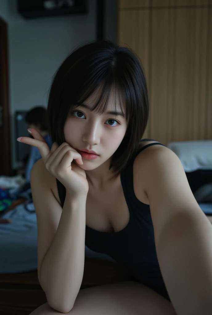 beautiful face,(NSFW),1 female,black hair,brown eyes,Big breasts,((Nipple peek)),20th generation,crawl on all fours,From the back