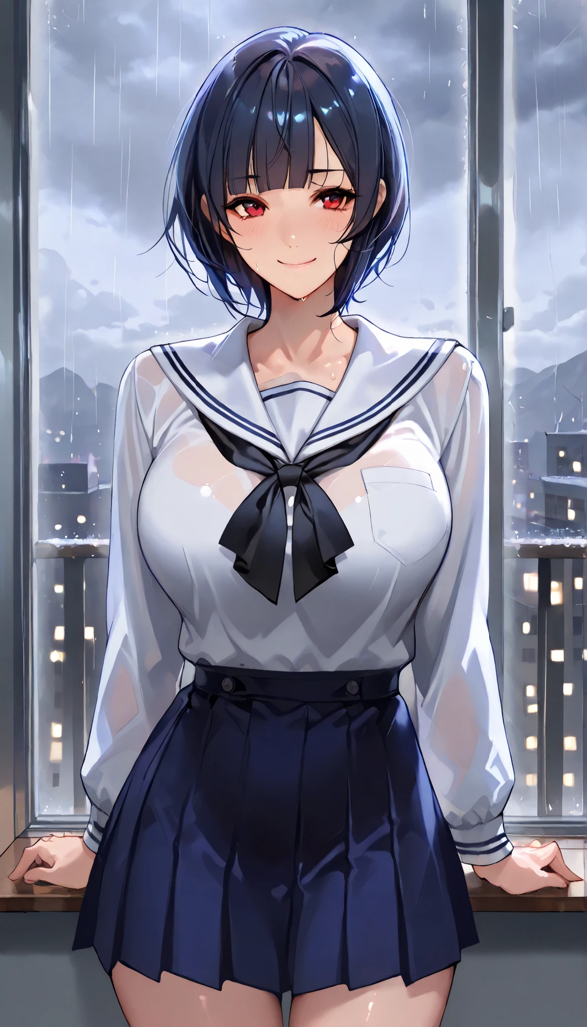 Modern Backgrounds,A female with slim body(older girl),Red eyes,Medium oppai,shiny skin,(Wearing A JK skirt),(White school uniform)(Long sleeves),In The Apartment,(Rainy rain),(Dark Sky),(Dark blue short hair, blunt bangs),light smile,slightly tilted forward,UHD, SOLO, anatomically correct, masterpiece, textured skin, high details, highres, 1080P, 16k, accurate, Beautiful face, Beautiful Nose, Perfect face, Highly detailed beautiful face and eyes, Attractive face, Detailed face, Delicate facial features, Detailed skin,Cowboy shot