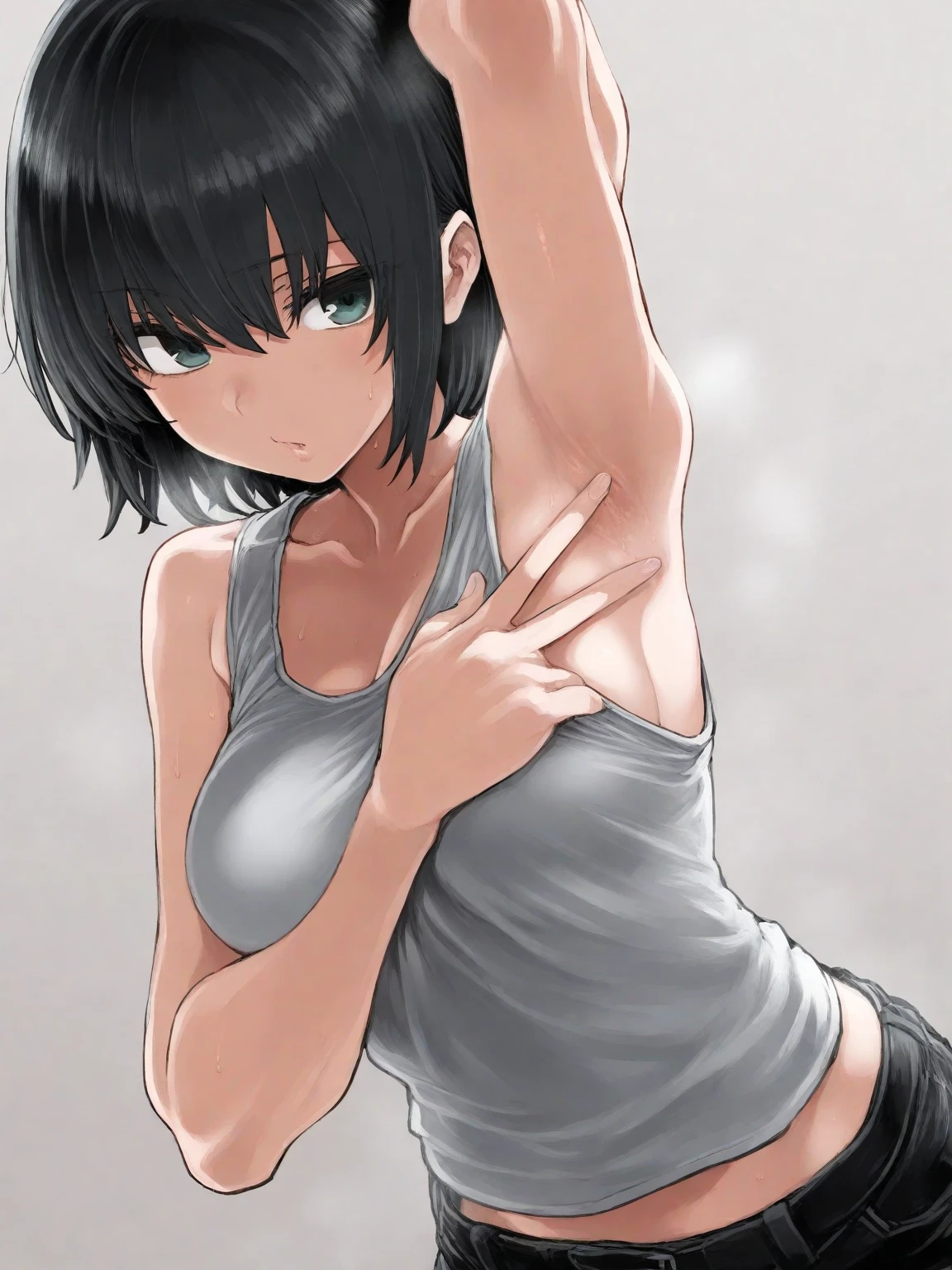 1girl, solo, skinny girl, muscle girl, men's short haircut, short hair,, tanned skin, olive skin, light brown hair, green eyes,