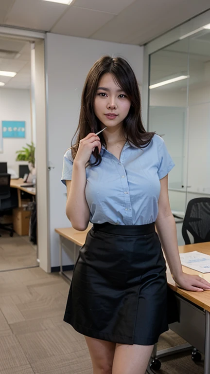 (Natural background), masterpiece, highest quality, shape, Very detailed, finely, High resolution, 8k wallpaper, 完璧なダイナミックな構shape, finelyて美しい目, Natural color lip, Random pose, smile, ((office)), Beautiful woman,Big Breasts、Full Body Shot, ((working office uniform)), (dark), Thinking Ahead, Sit on a chair